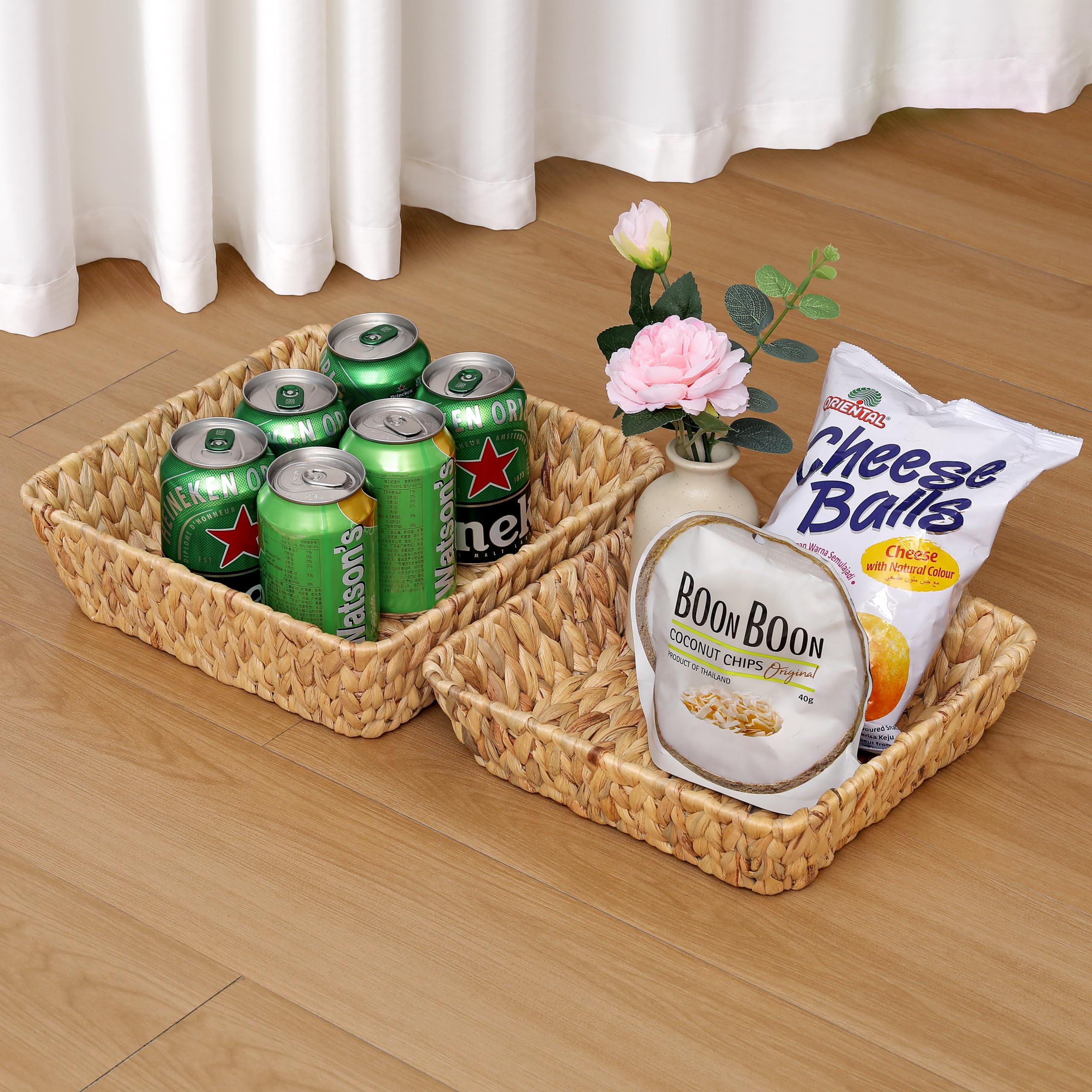 DAICOLAD woven basket decorative storage adds texture to shelves while concealing small items.