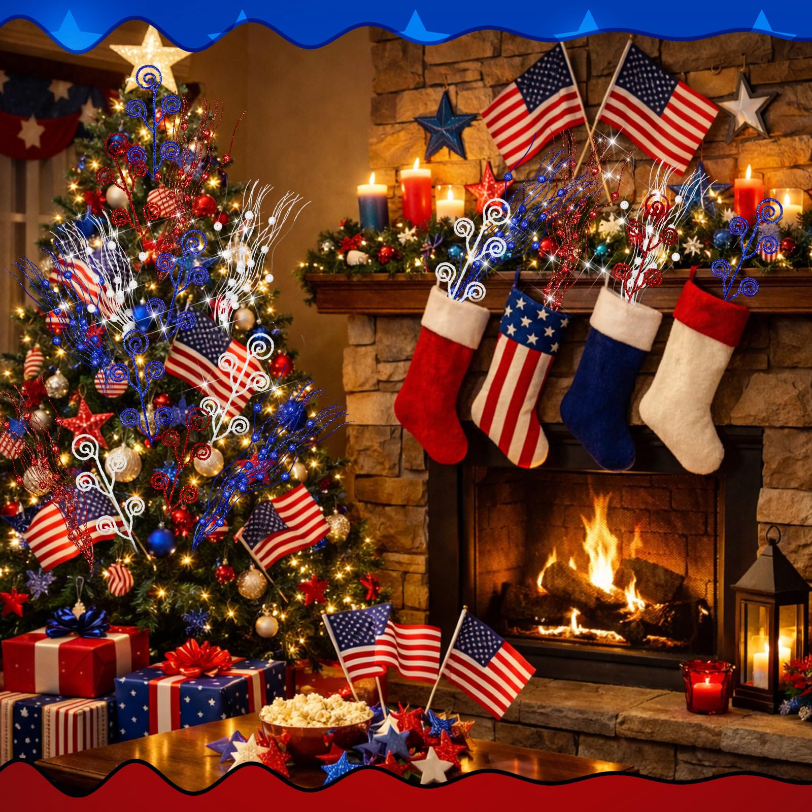 Daifunli red, white and blue glitter branches for decor.