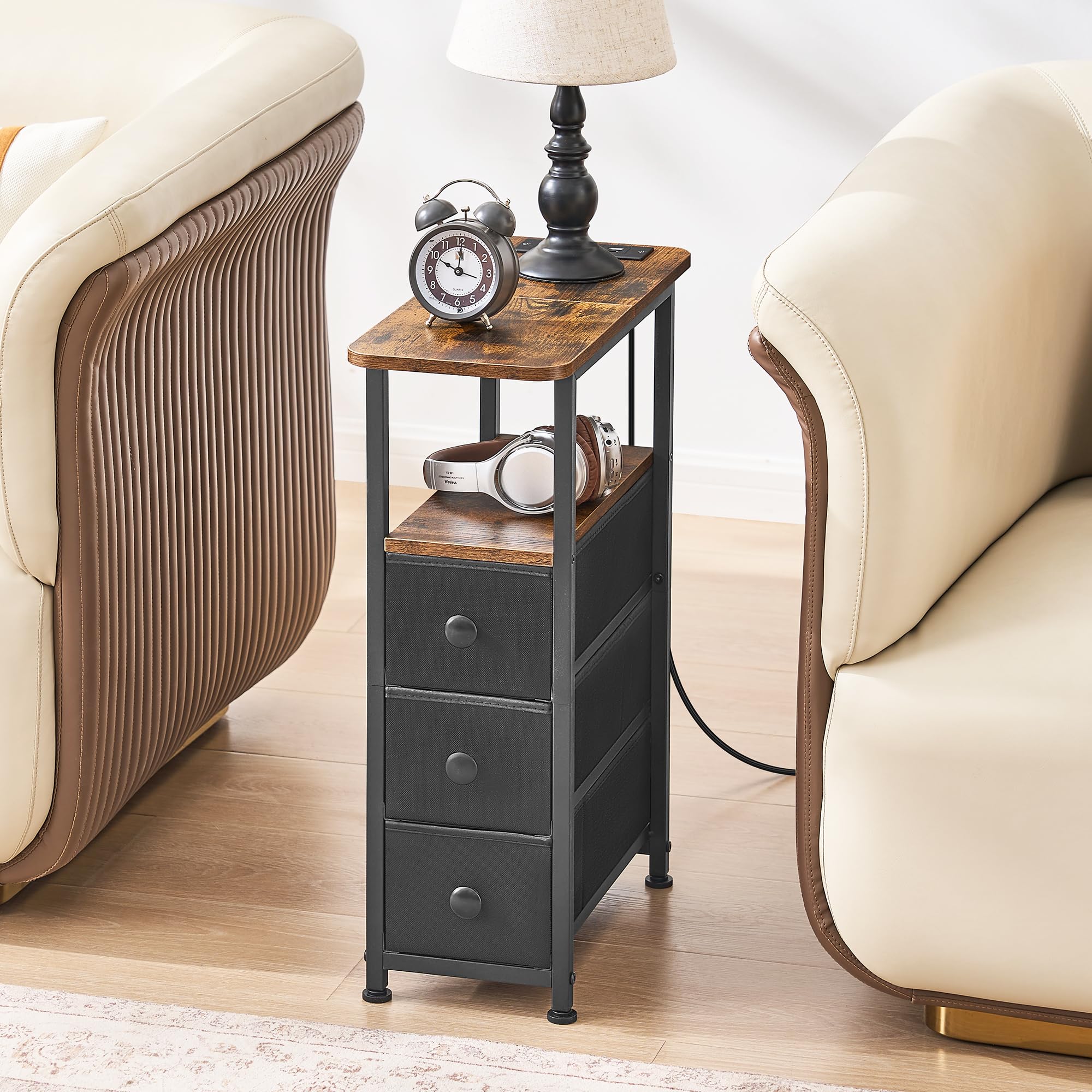 DALEMHOME narrow end table shown in living spaces for organization