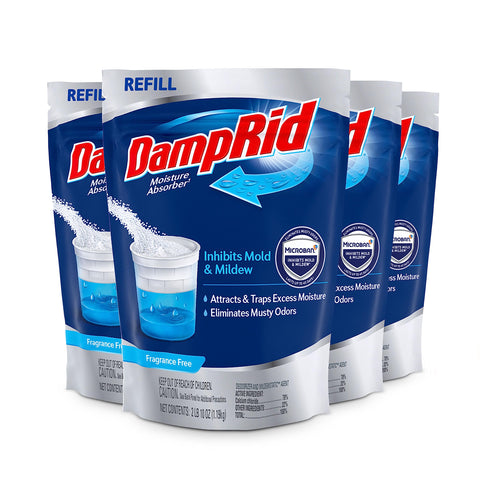DampRid 4-pack product shot showing fragrance-free moisture absorbers for rooms.