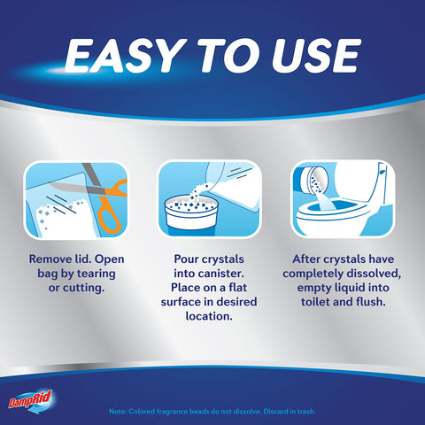DampRid crystal refill process shown for continuous moisture control.
