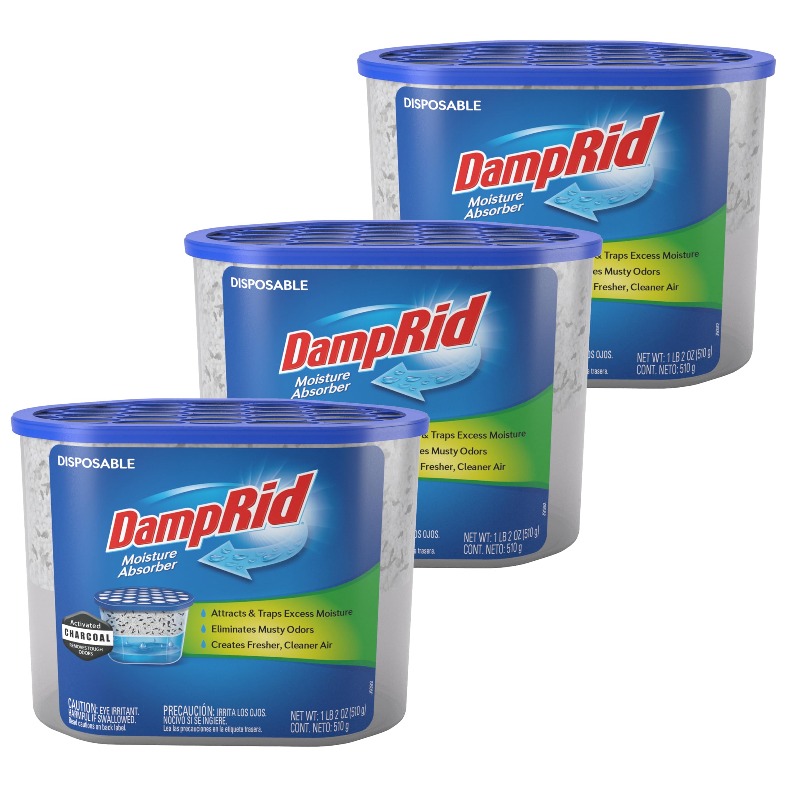 DampRid fragrance-free 18oz canister with activated charcoal for long-lasting moisture absorption.