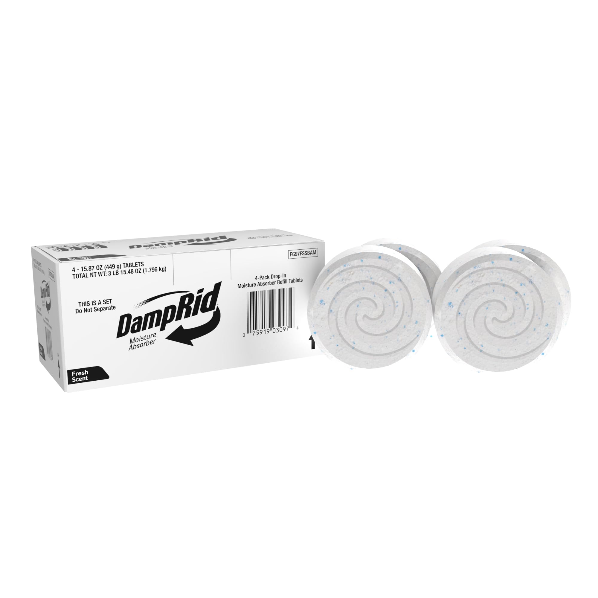 DampRid Fresh Scent drop-in tablets package ready for closet moisture control.