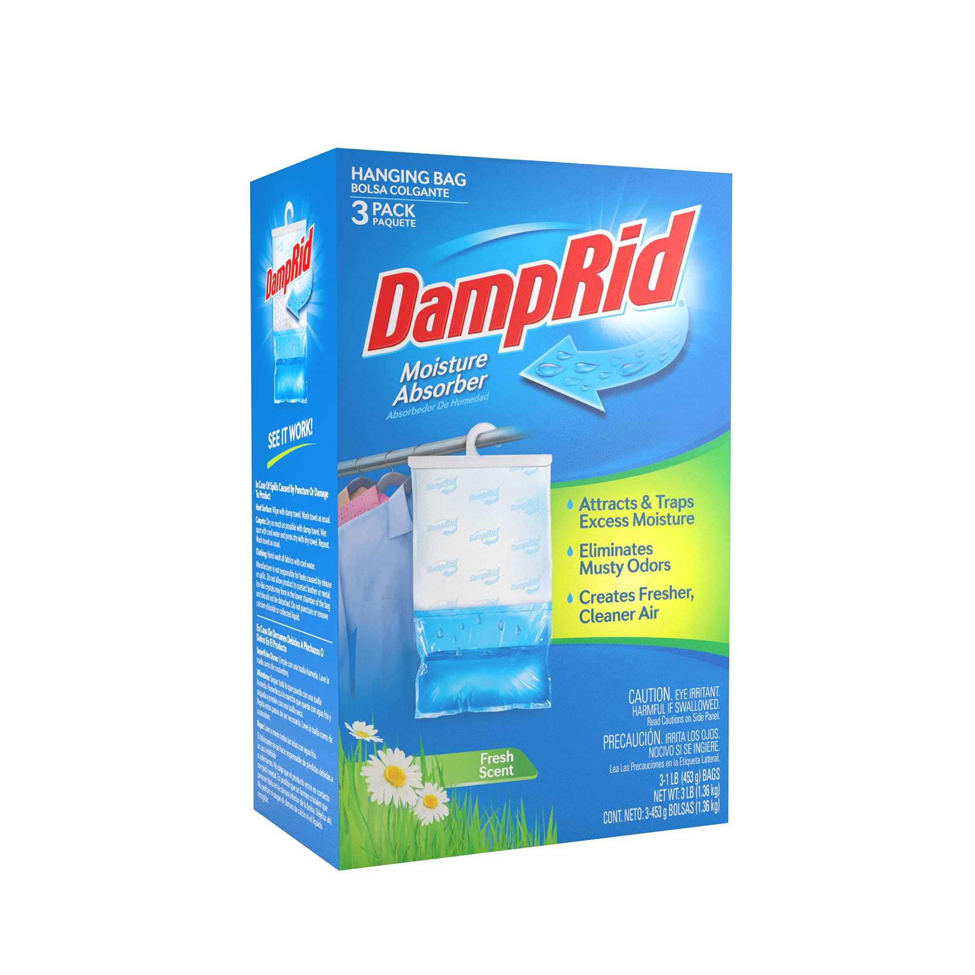 DampRid 3-pack hanging bag front view showing blue moisture absorbers for closet freshness.