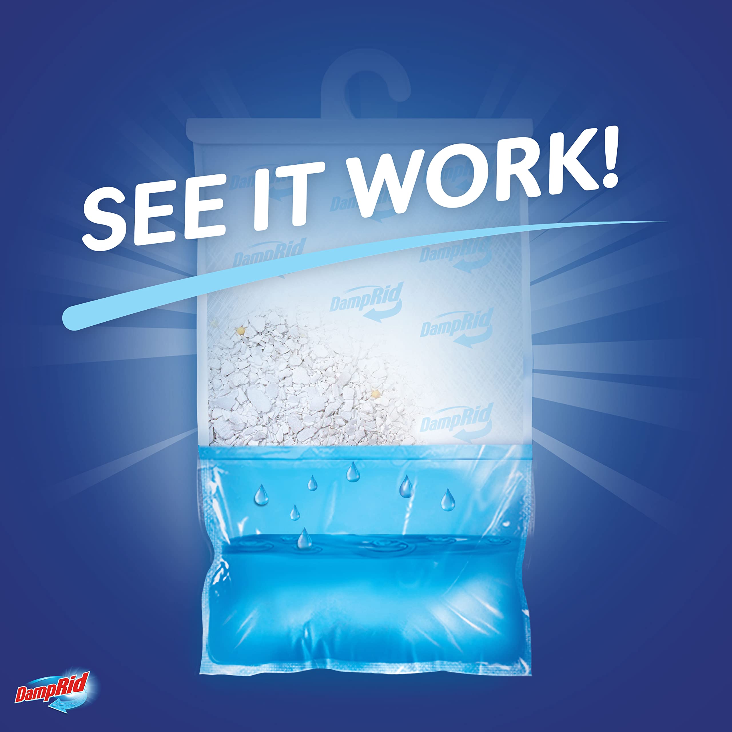Replacement indicator line on DampRid bag signals when to replace.