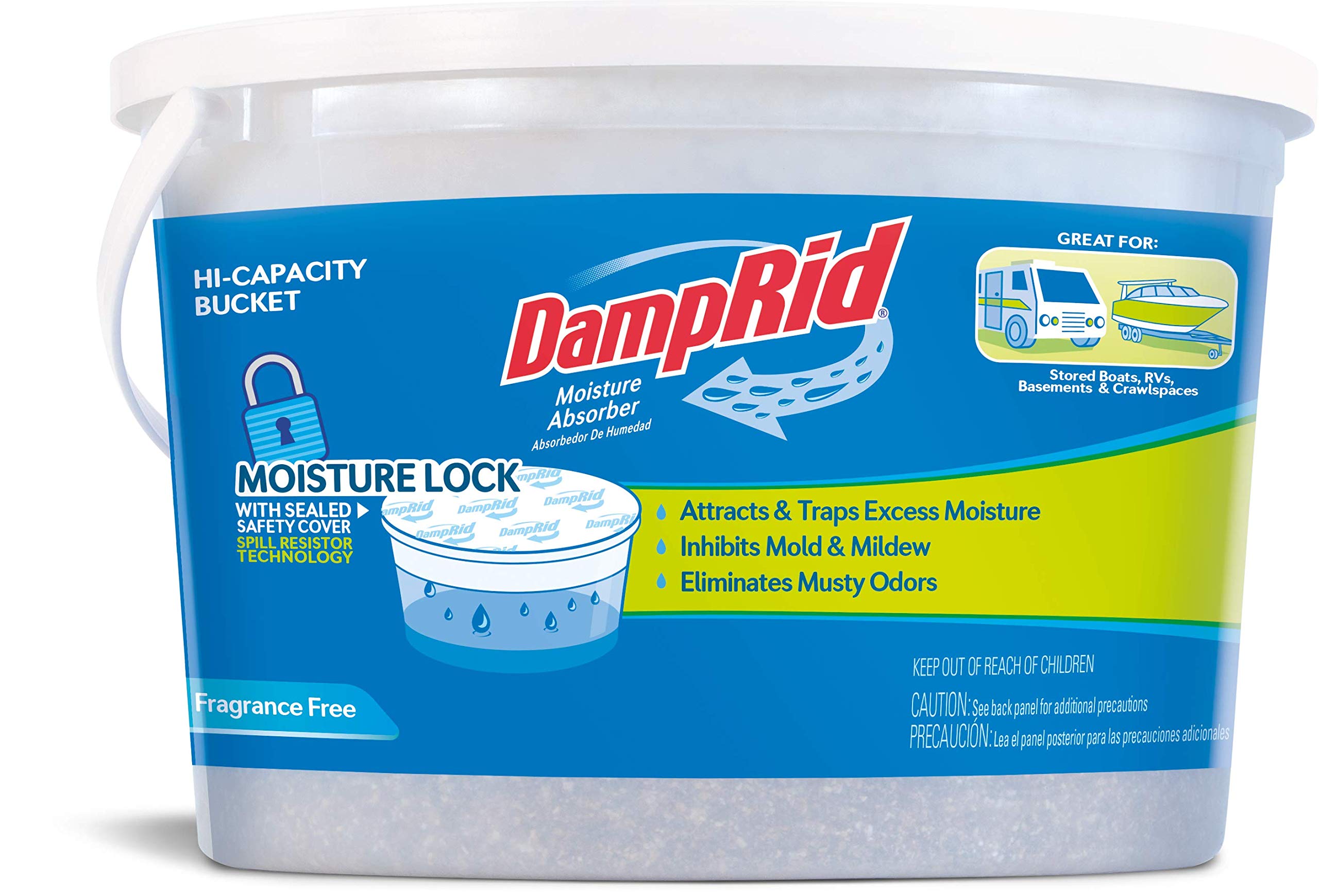 DampRid hi-capacity bucket with open lid showing spill-free moisture absorption for large spaces