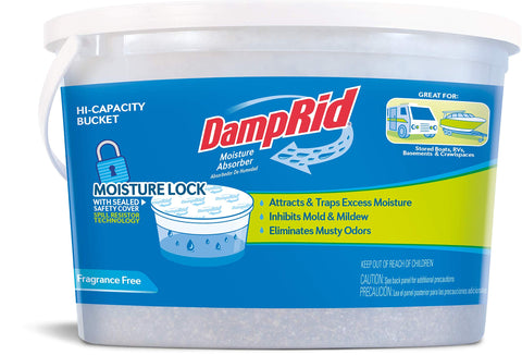 DampRid hi-capacity bucket with open lid showing spill-free moisture absorption for large spaces