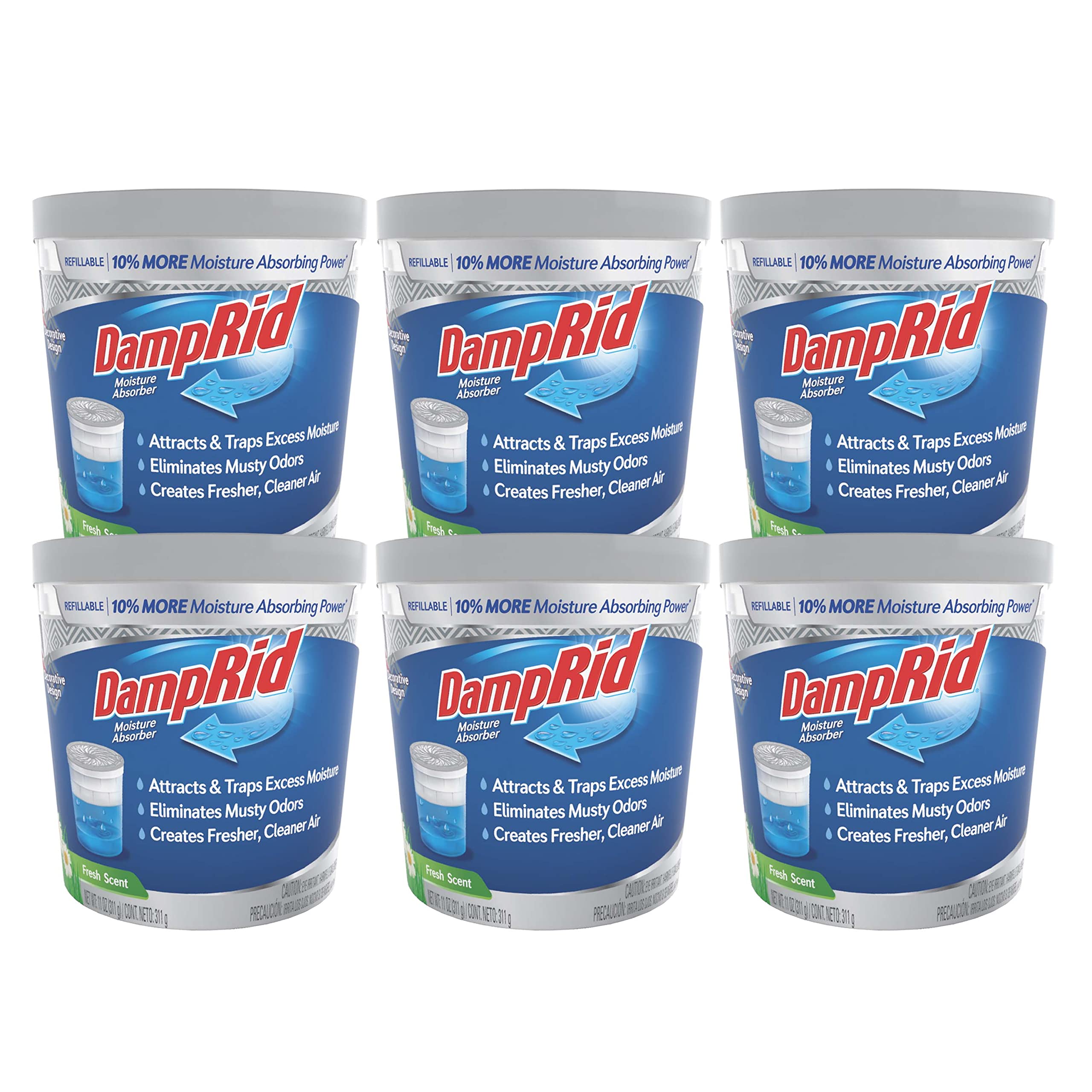 DampRid refillable 11 oz moisture absorber with six-pack and fresh scent.