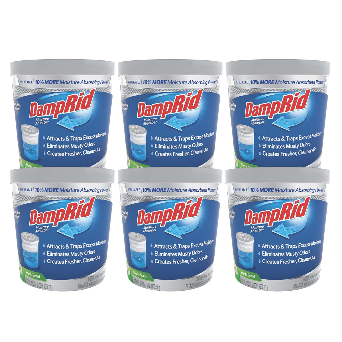 DampRid refillable 11 oz moisture absorber with six-pack and fresh scent.