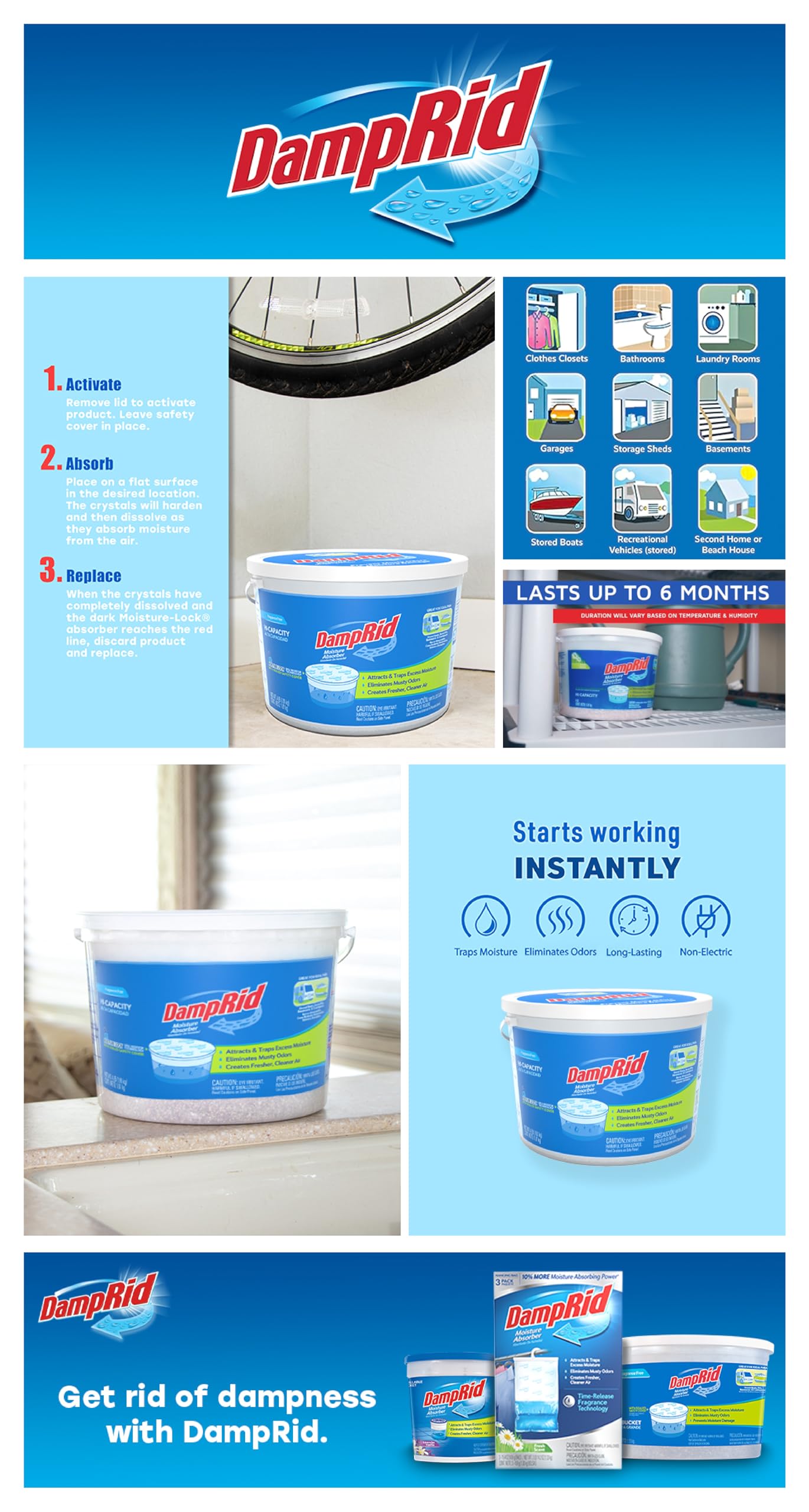 DampRid spill resistant safety cover on bucket highlights mess-free operation