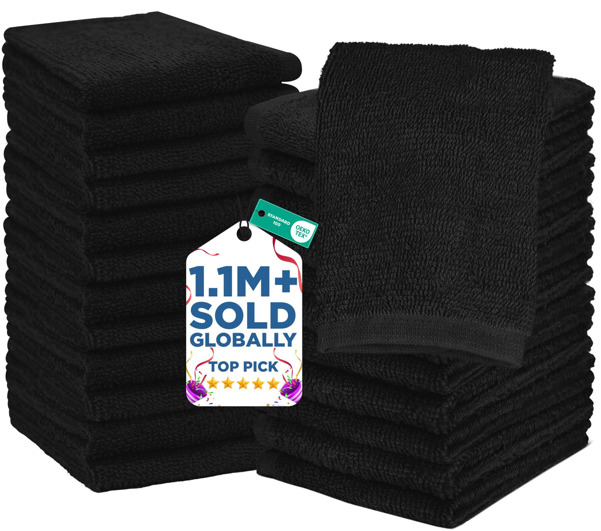 DAN RIVER 24-pack wash cloths for showering in bold black; ultra-soft and highly absorbent.