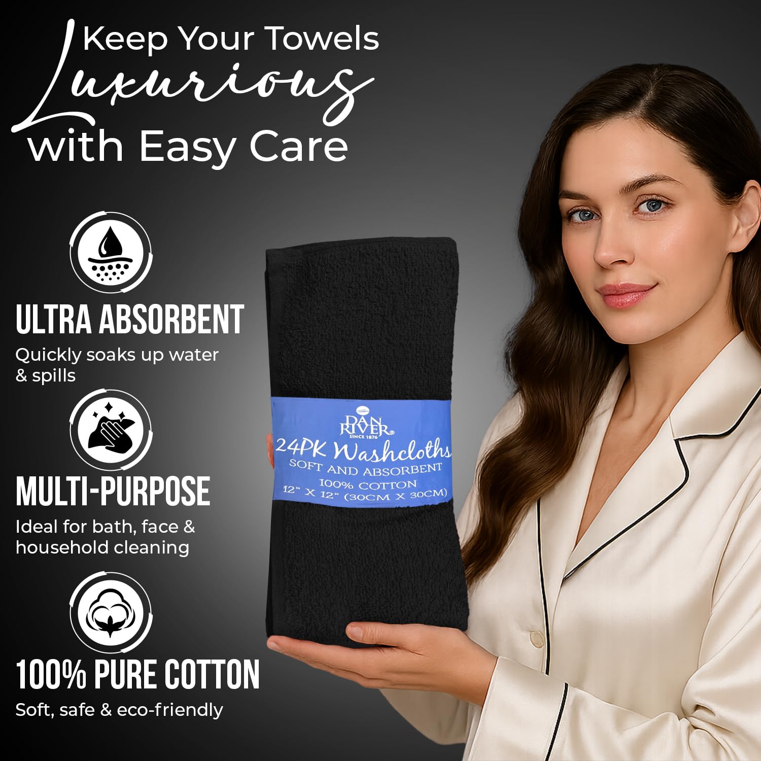 DAN RIVER absorbent multi-use face towels; ideal for daily routines and travel.