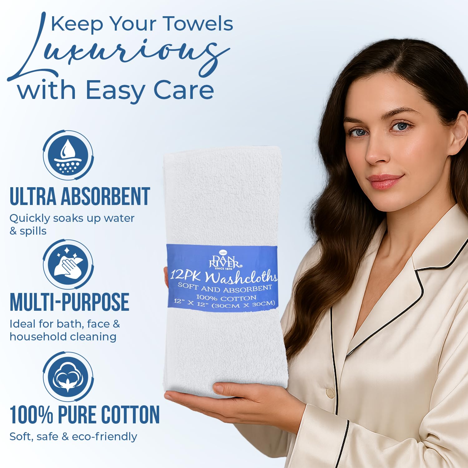 DAN RIVER quick-dry wash cloths, durable through frequent washing.