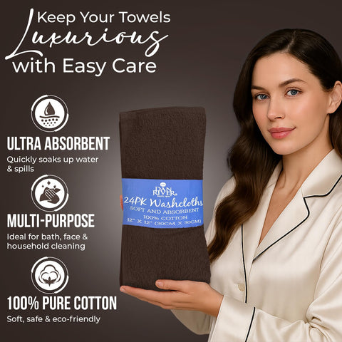 DAN RIVER wash cloths measure 12 by 12 inches for generous coverage.