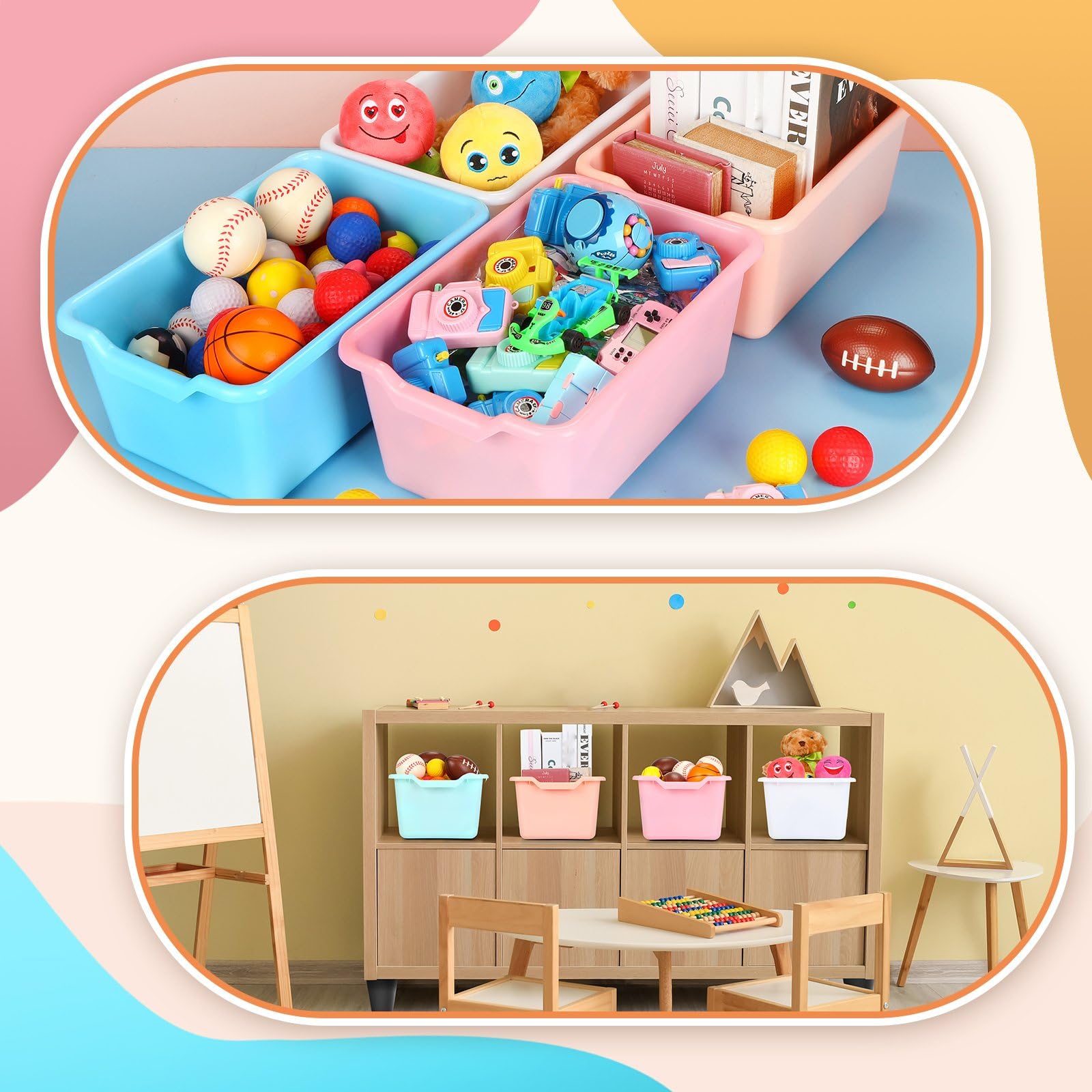 Dandat bins filled with books and toys demonstrate versatile classroom storage