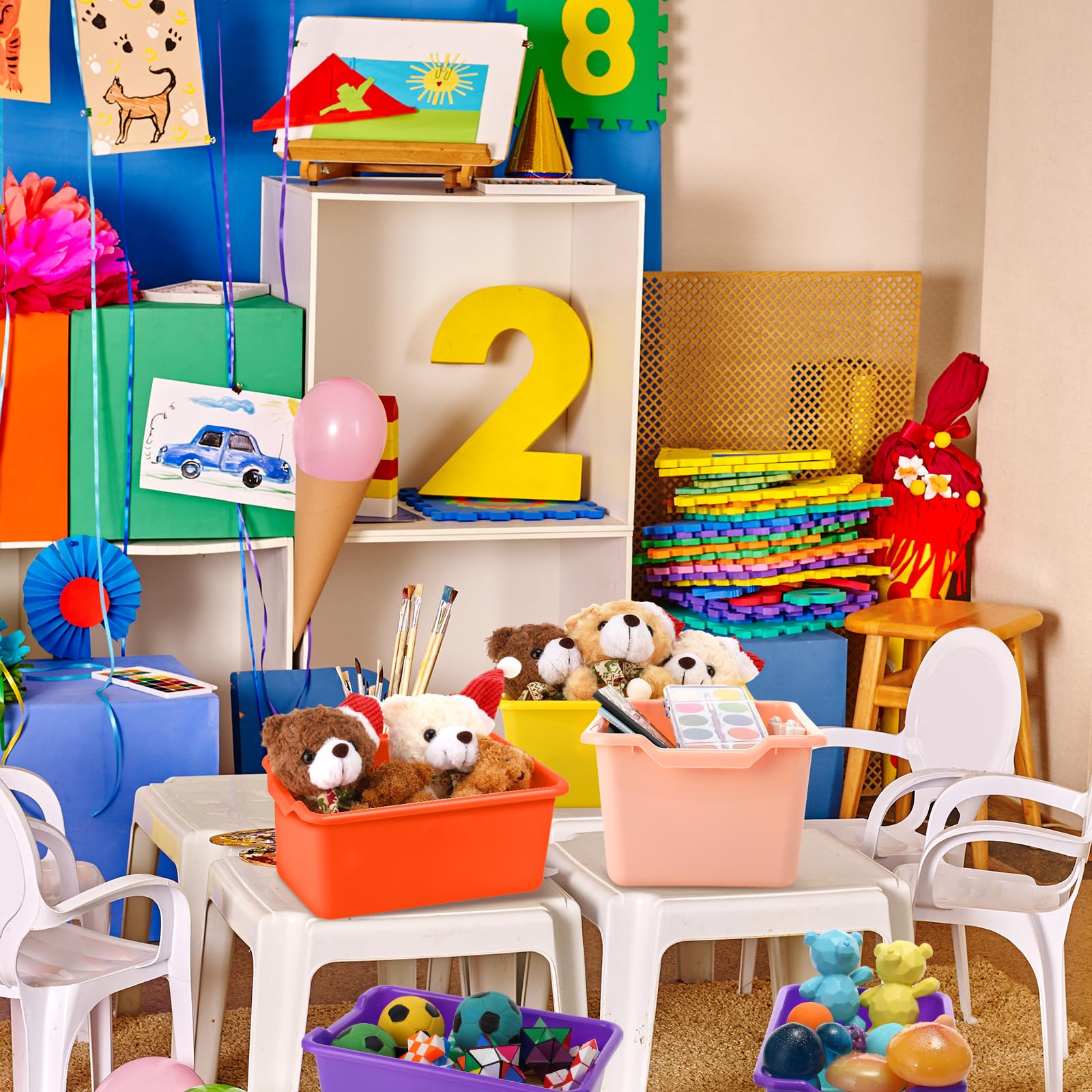 Dandat cubby bins shown in a home office and daycare setup.