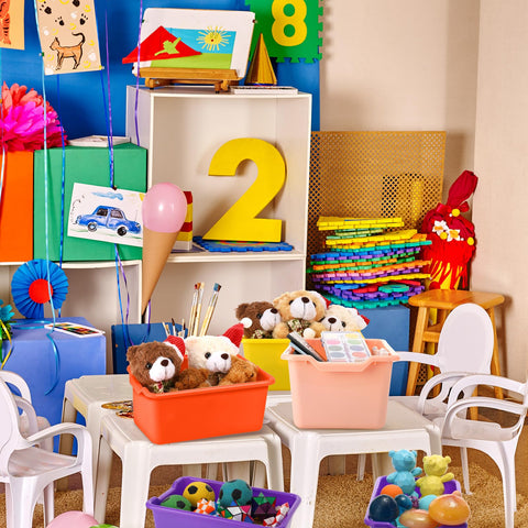 Dandat cubby bins shown in a home office and daycare setup.