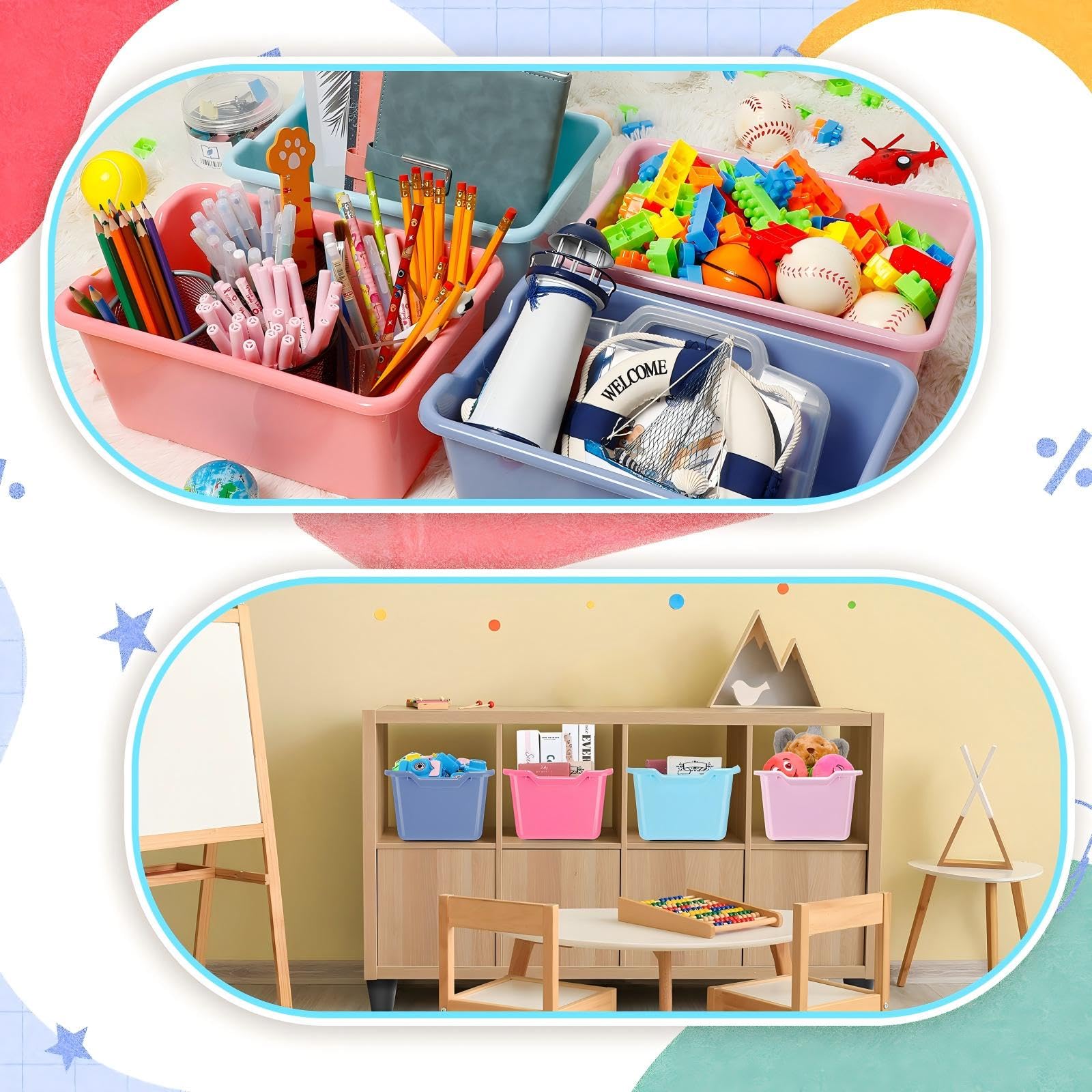 Dandat multipurpose bin stores books, snacks, and crafts in bright pastels.