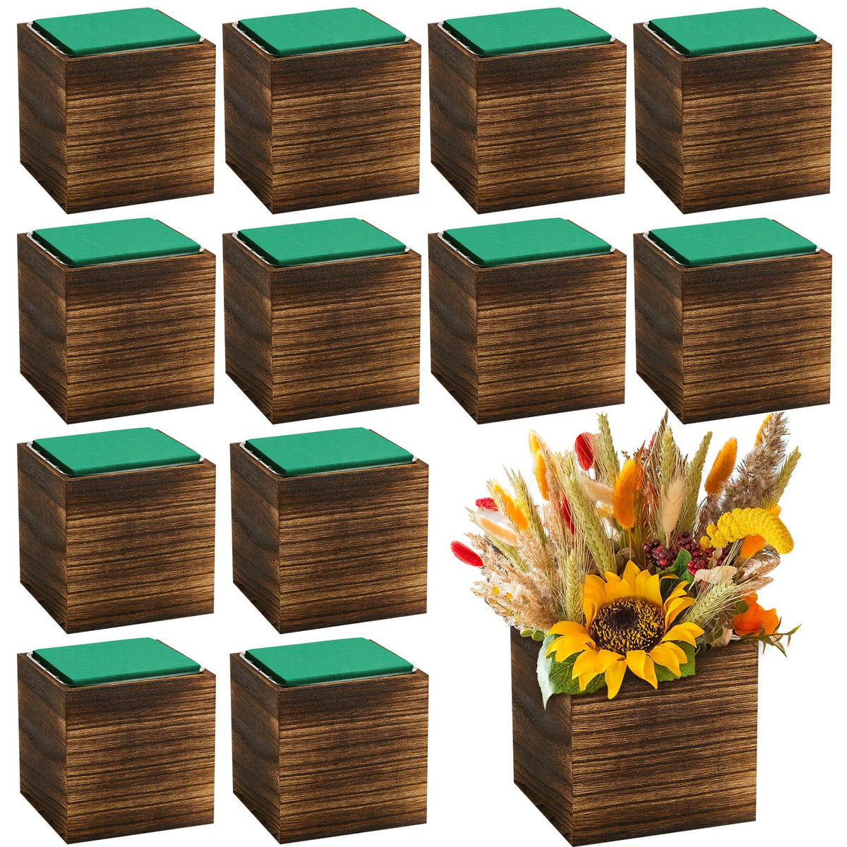 Dandat wood cube planter box shown as a versatile 12-pack for centerpieces.