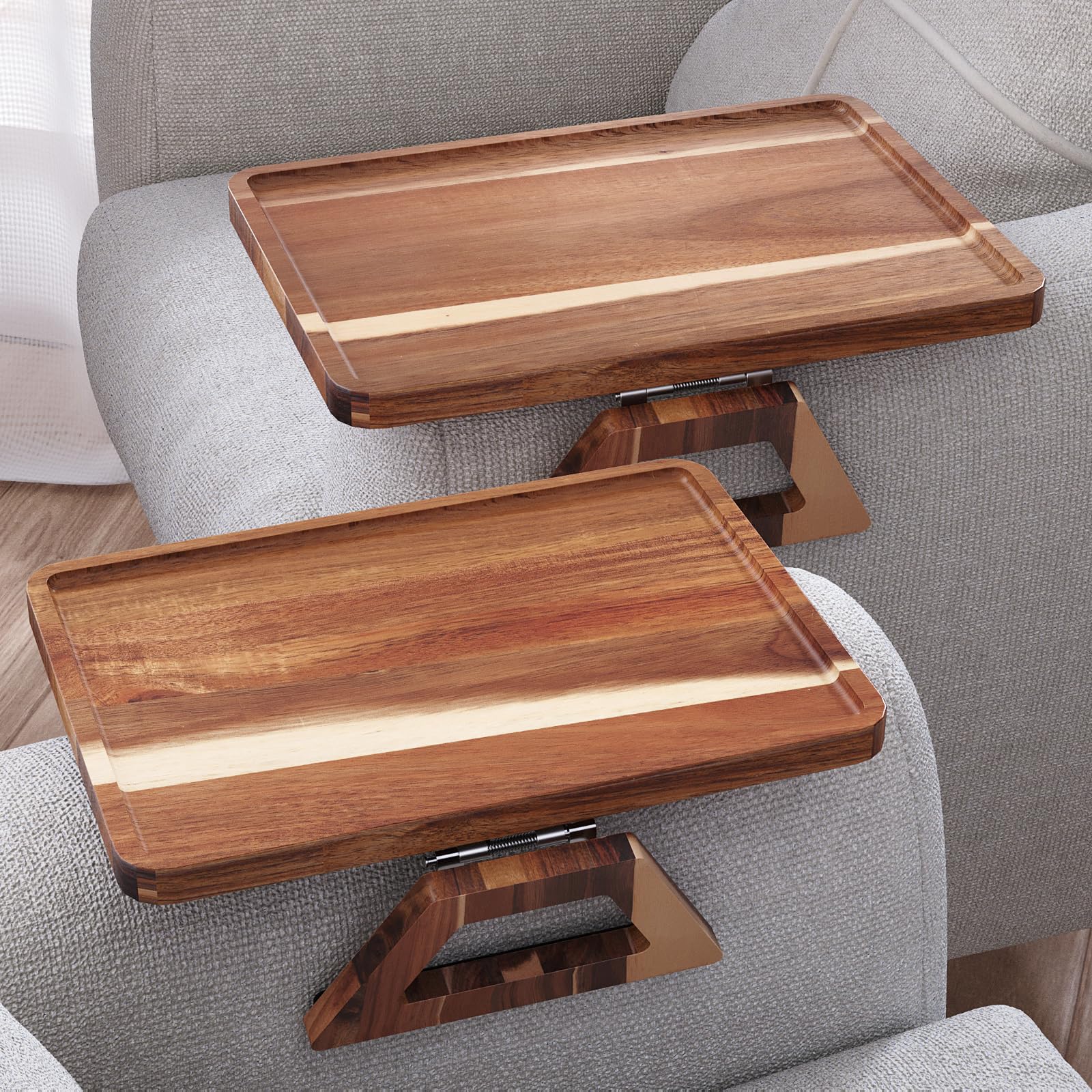 Danfoxer acacia couch arm tray with adjustable fit for secure use on many sofa arms.