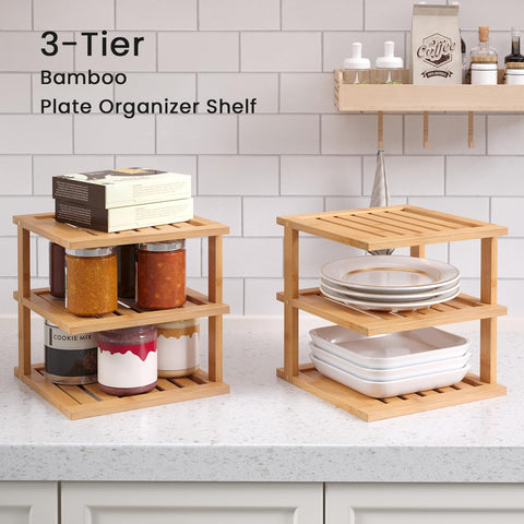 Danfoxer bamboo corner shelf in kitchen storage shows three-tier organization.