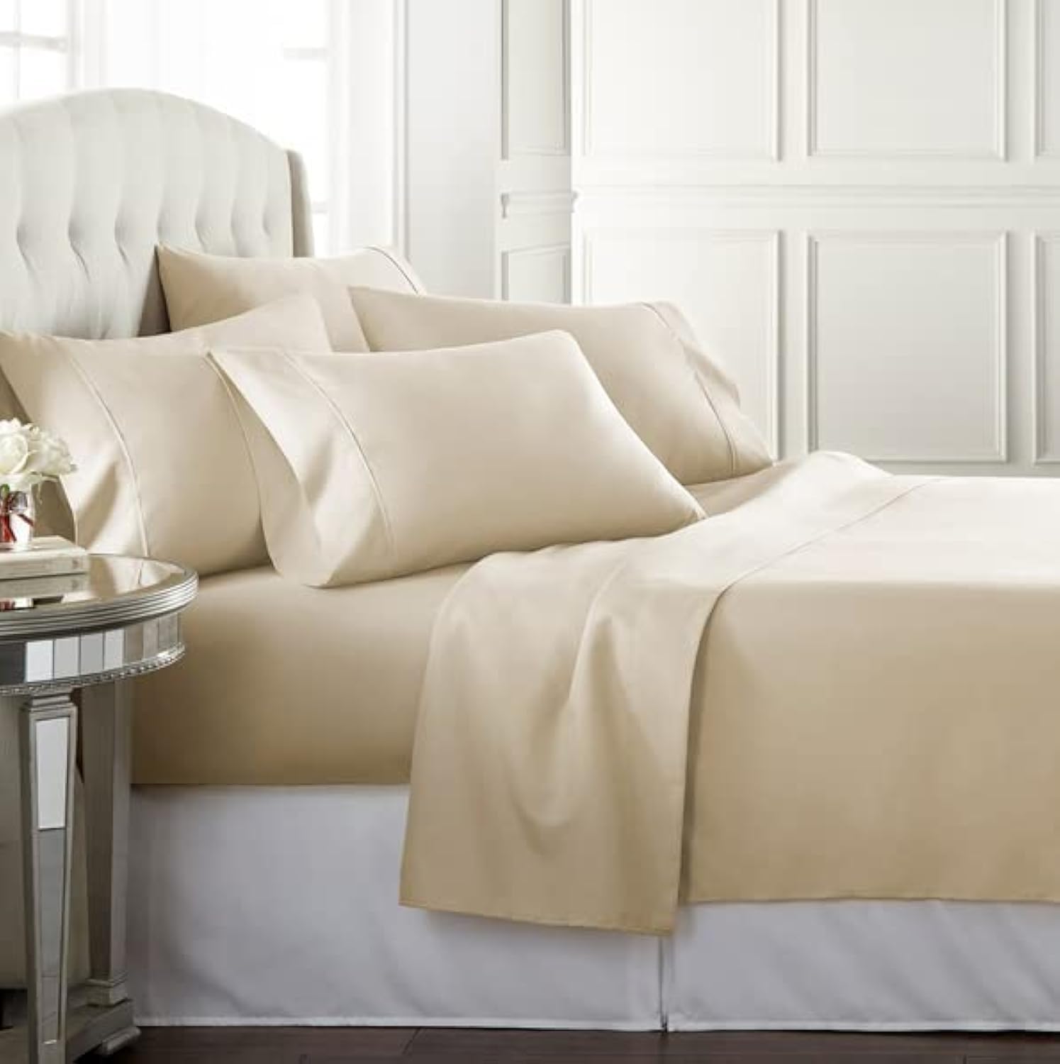 Danjor Linens king-cream flat sheet close-up showing soft microfiber texture for comfort.