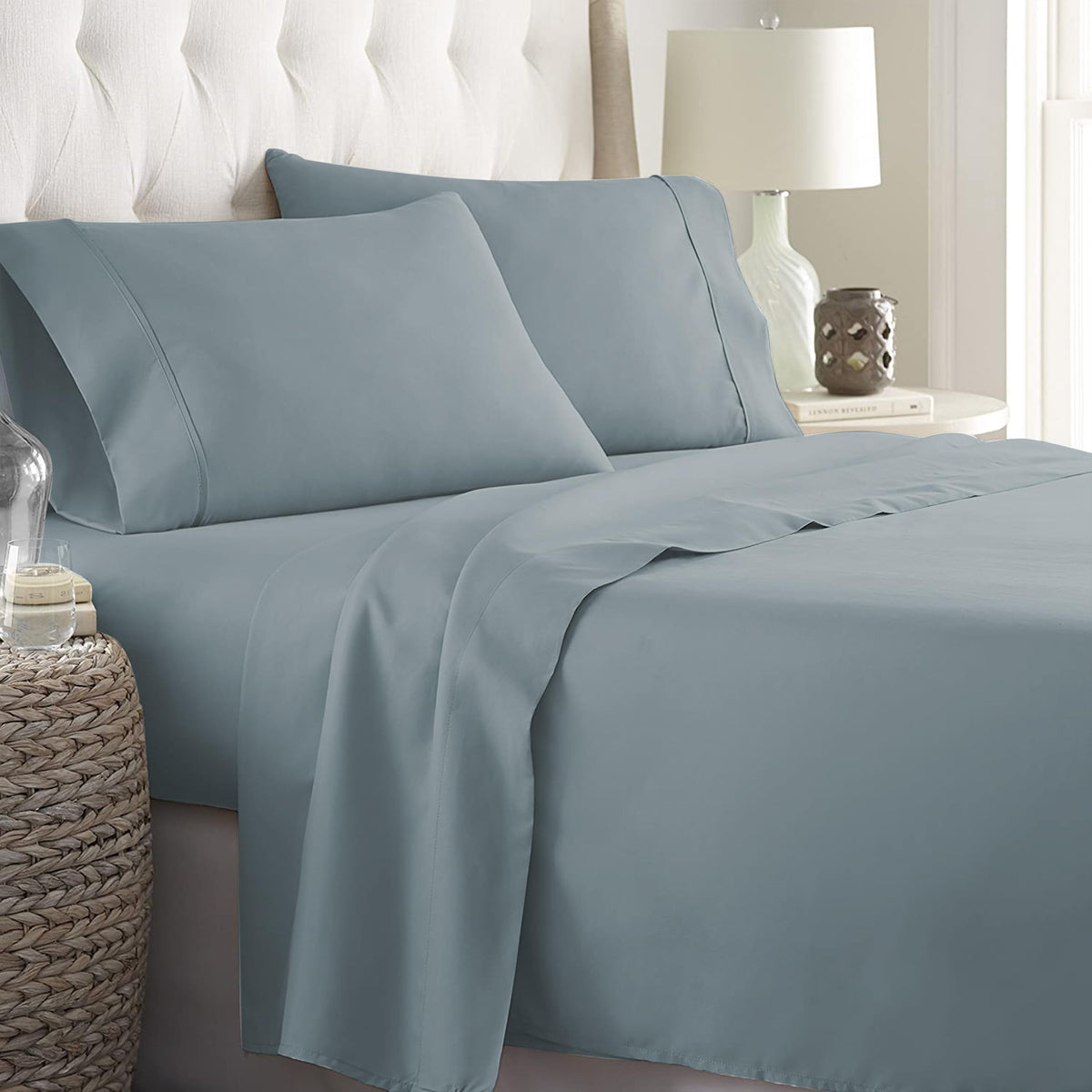 Danjor Linens Spa Blue queen sheet set on bed for cooling night comfort