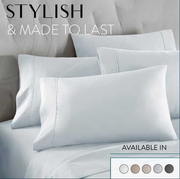 Danjor Linens ice blue bedroom setup illustrates easy care and modern style