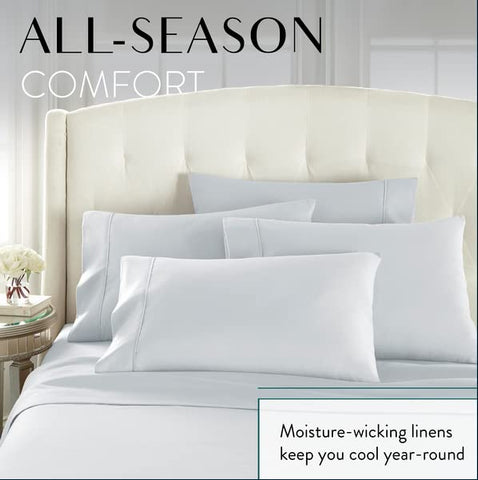 Danjor Linens ice blue fabric closeup emphasizes durable machine washable material