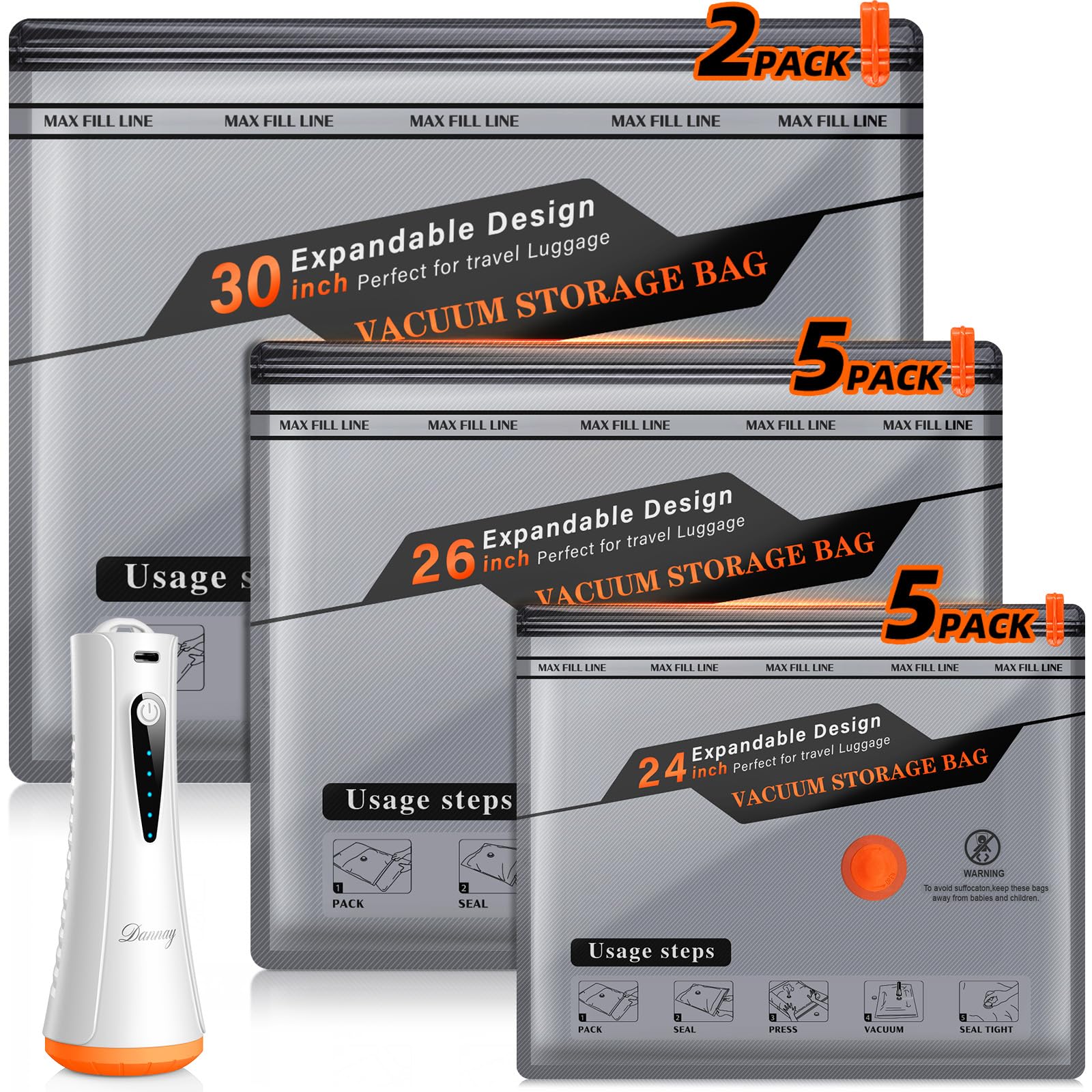 DANNARY vacuum bags with rechargeable pump shown for easy travel packing.