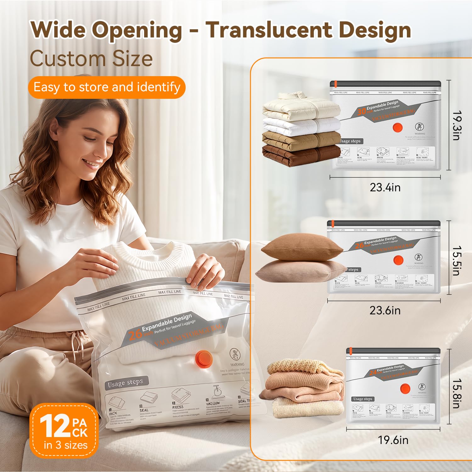 DANNARY vacuum bags in three sizes for versatile clothing storage.