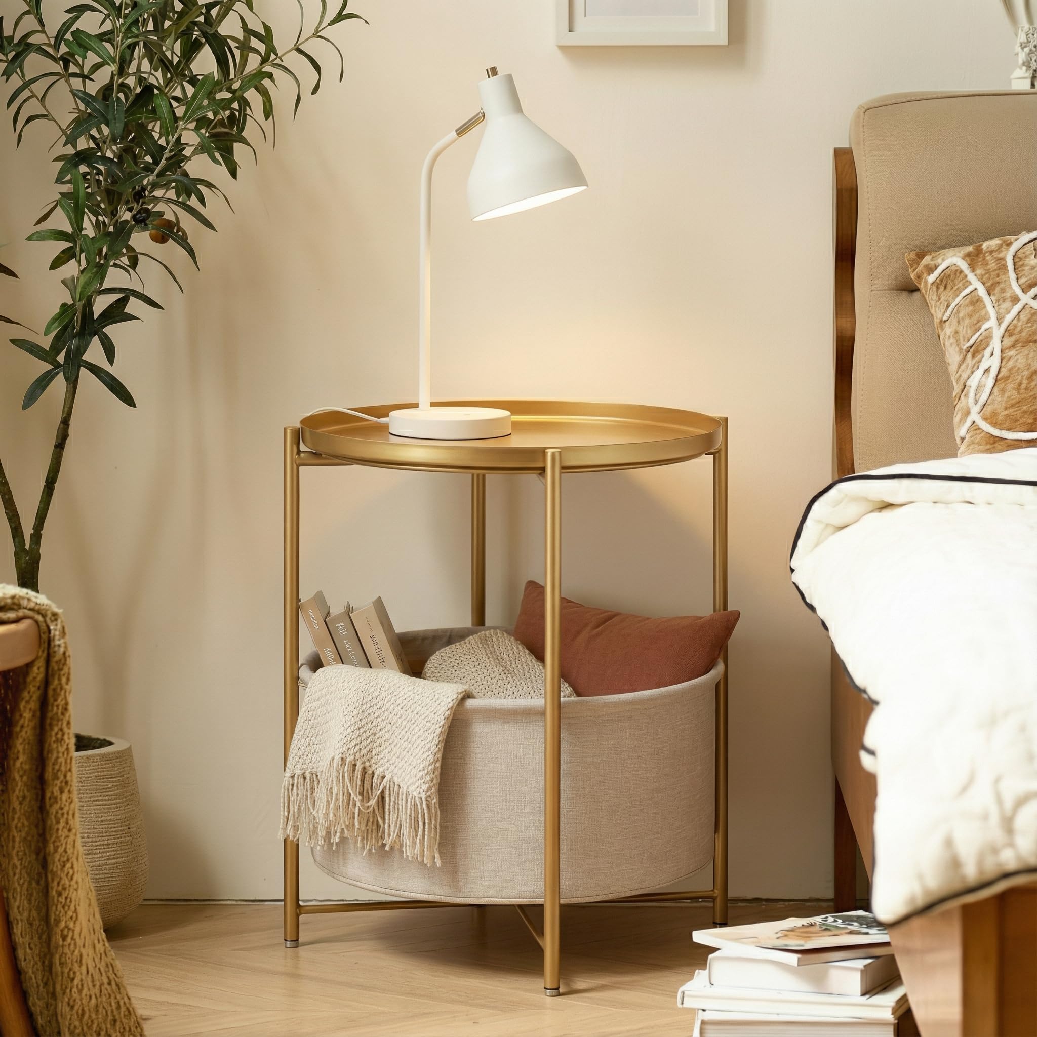 Danpinera gold metal-frame end table with sturdy build and tray feature.