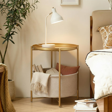 Danpinera gold metal-frame end table with sturdy build and tray feature.