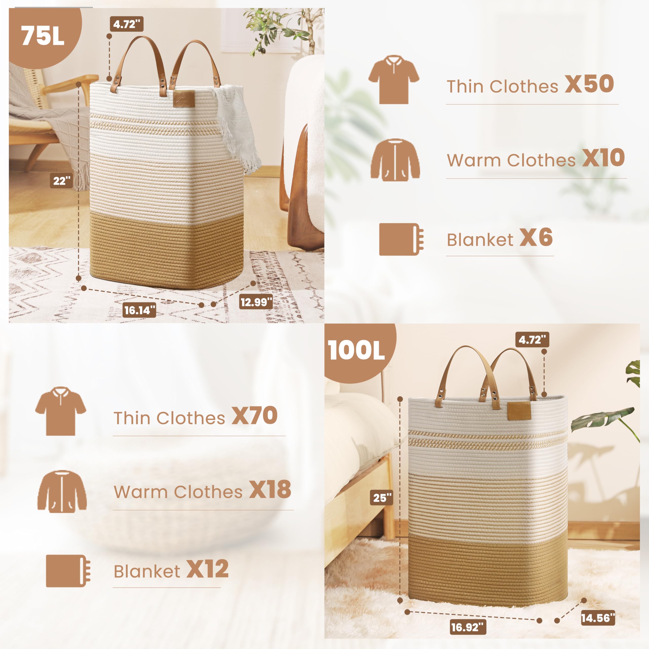 Danpinera large laundry hamper with 75L capacity ready for a family load.