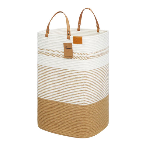 Danpinera large laundry hamper with white jute weave and leather handles for organized laundry transport.
