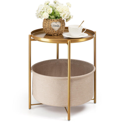 Danpinera round side table with removable fabric basket for versatile storage.