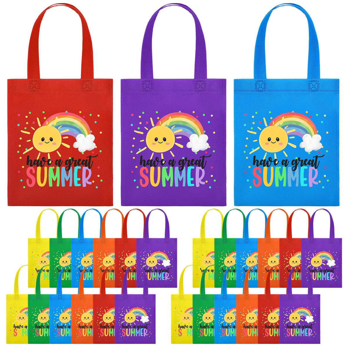 Dansydaisy rainbow non-woven gift bags in six colors, ideal for party favors.