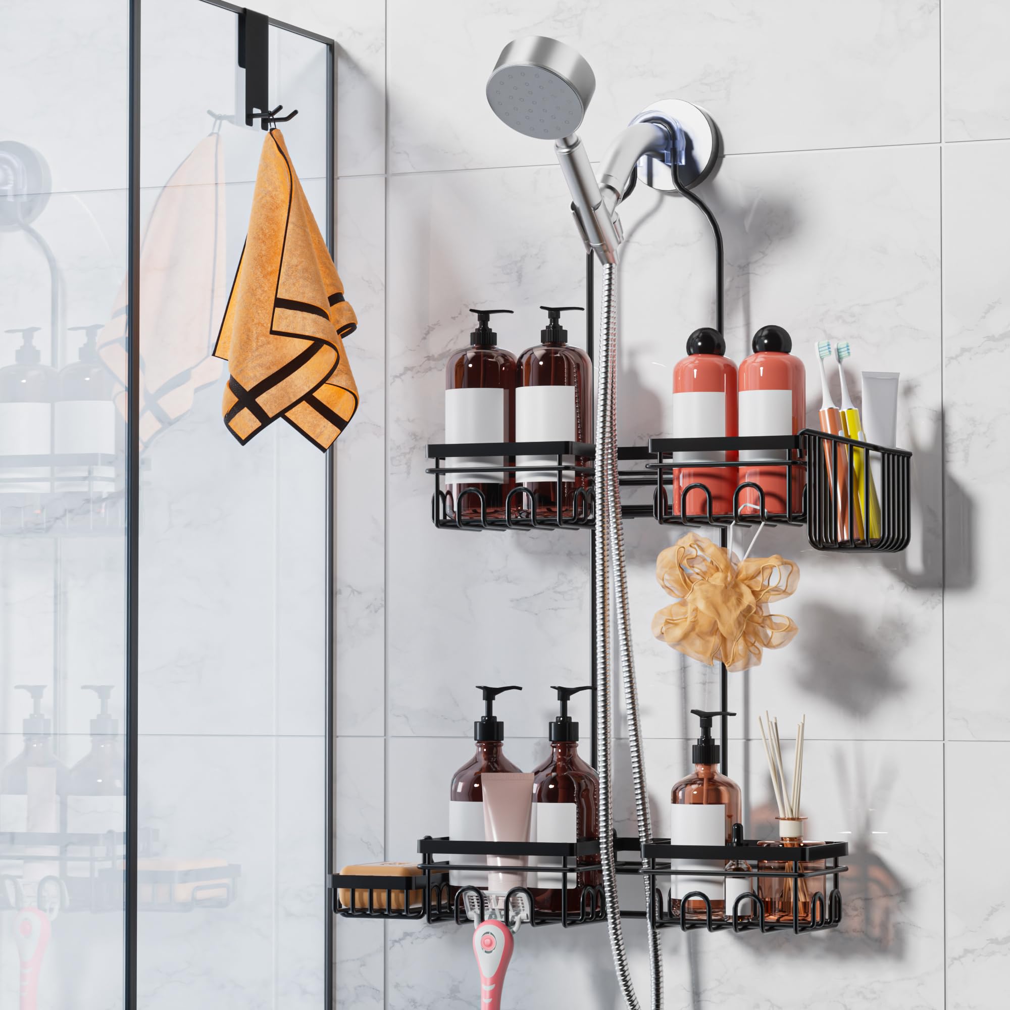 Daoun shower caddy with split design for handheld and wall showers improves accessibility.