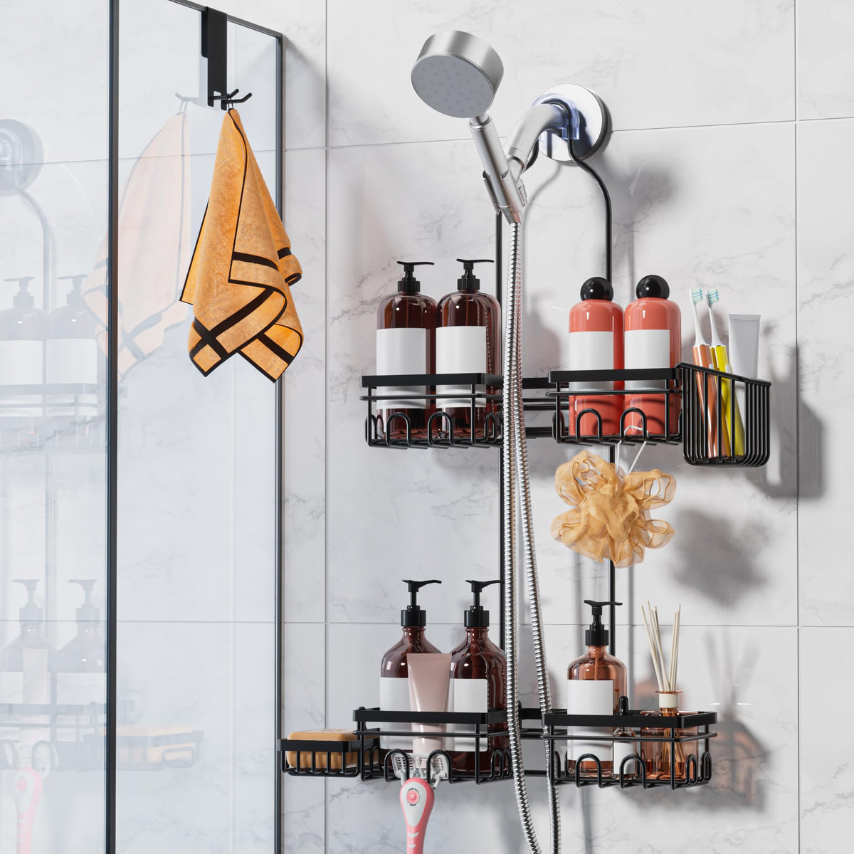 Daoun shower caddy with split design for handheld and wall showers improves accessibility.