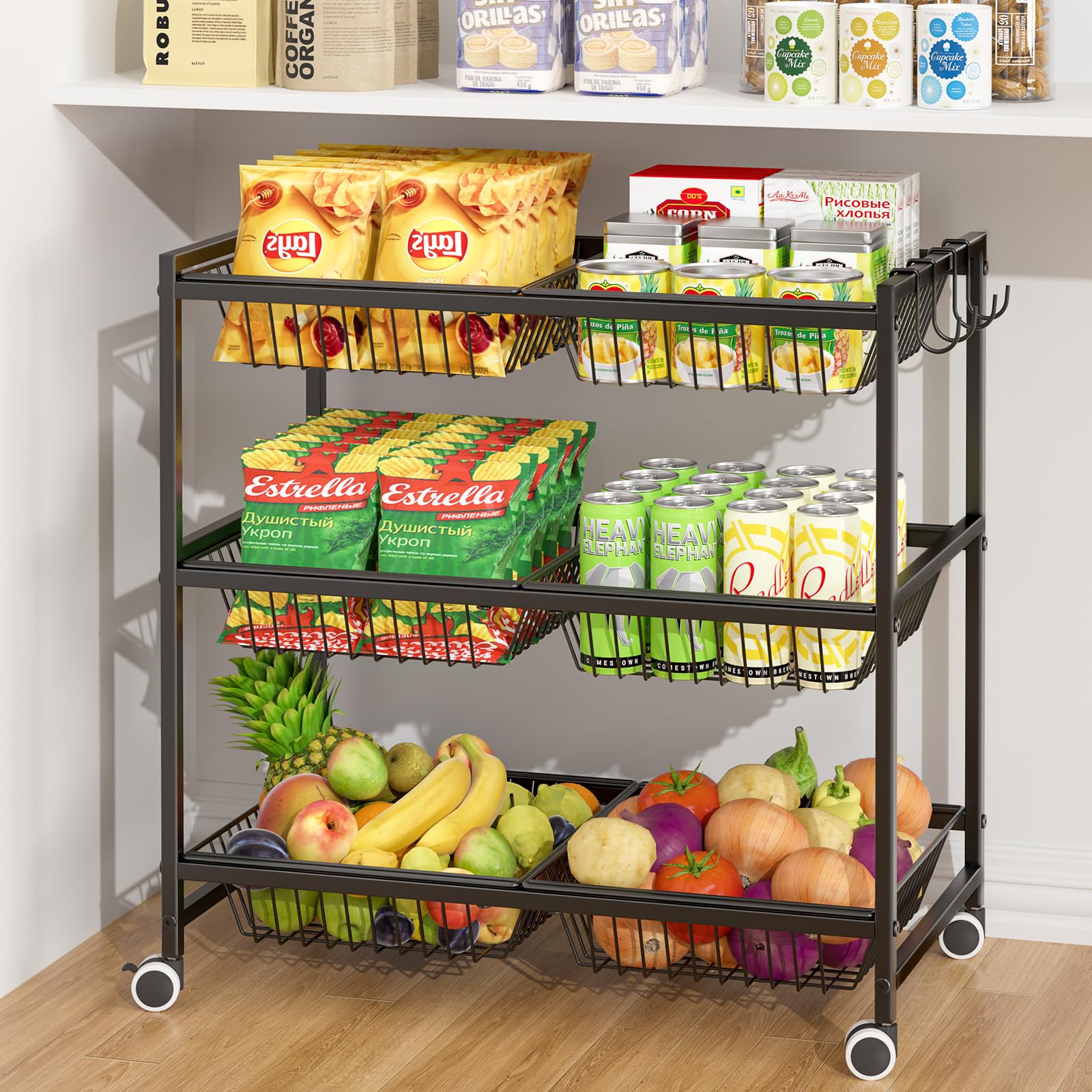 DAOUTIME 3-tier pantry cart with baskets for organized kitchen storage.