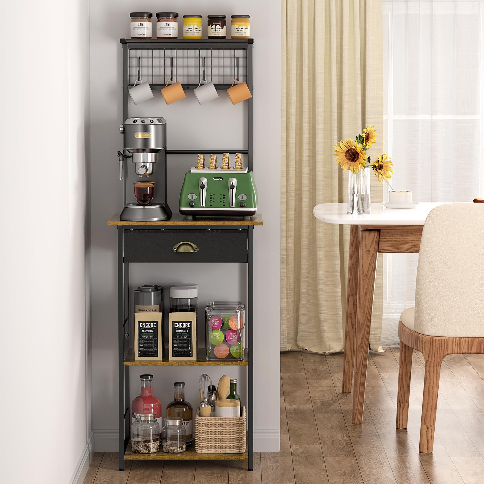 DAOUTIME 5-tier coffee bar with drawer organizes mugs and accessories.