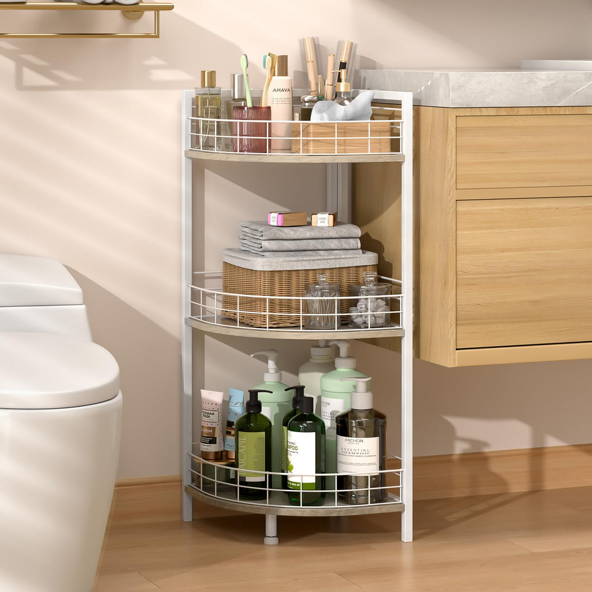 DAOUTIME 3-tier bathroom floor shelf beside sink for organized storage.
