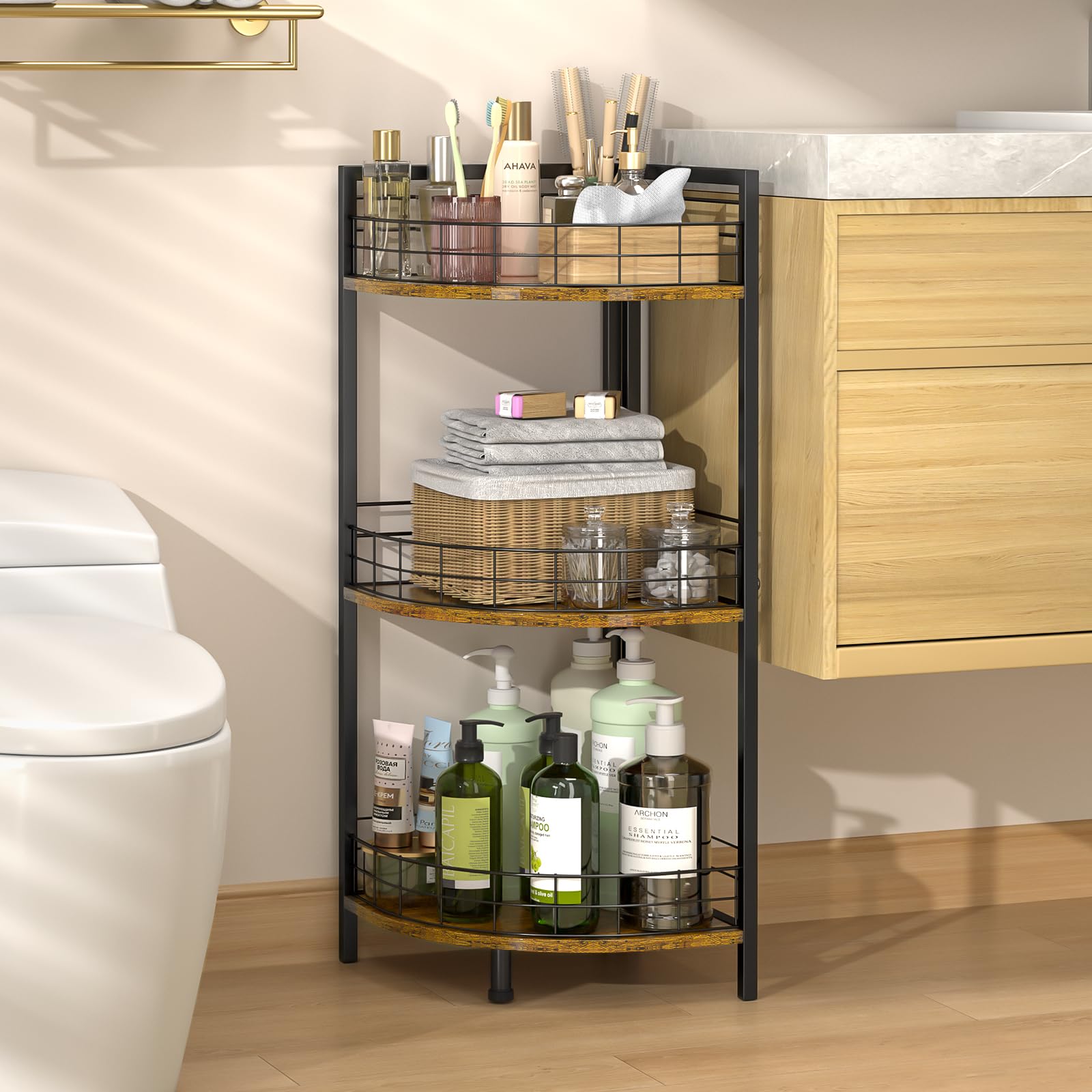 DAOUTIME 3-tier bathroom corner shelf keeps toiletries tidy and within reach.