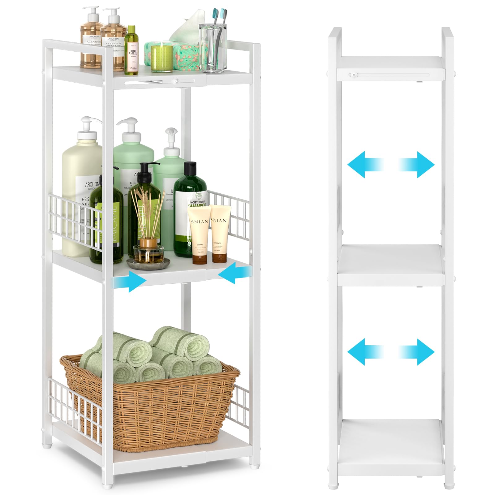 DAOUTIME expandable shelf shows extendable 3-tier design for flexible storage in small spaces.