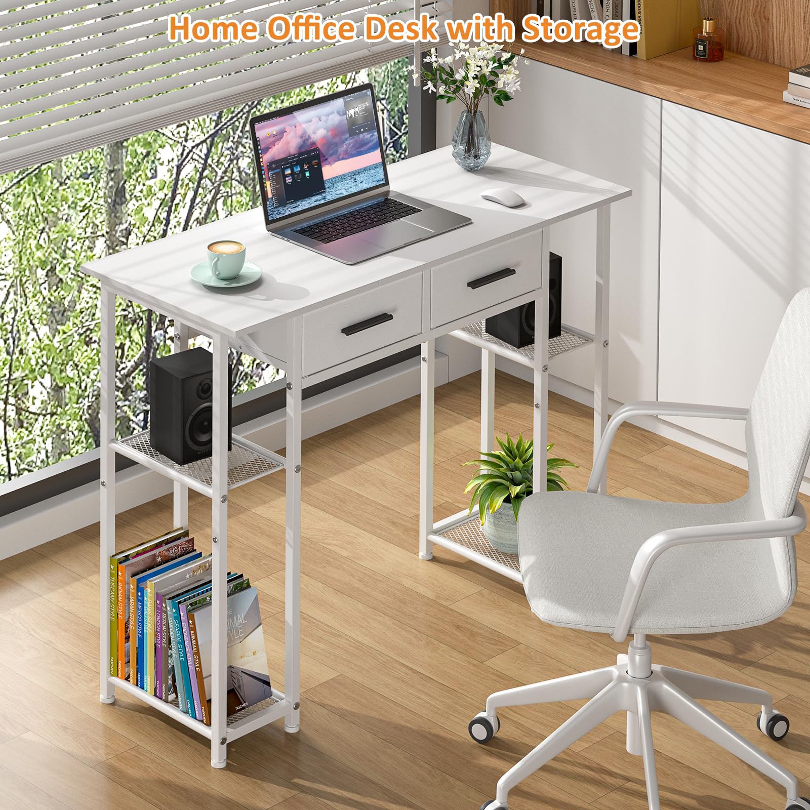 DAOUTIME fabric drawers help hide small items for a tidy workstation.