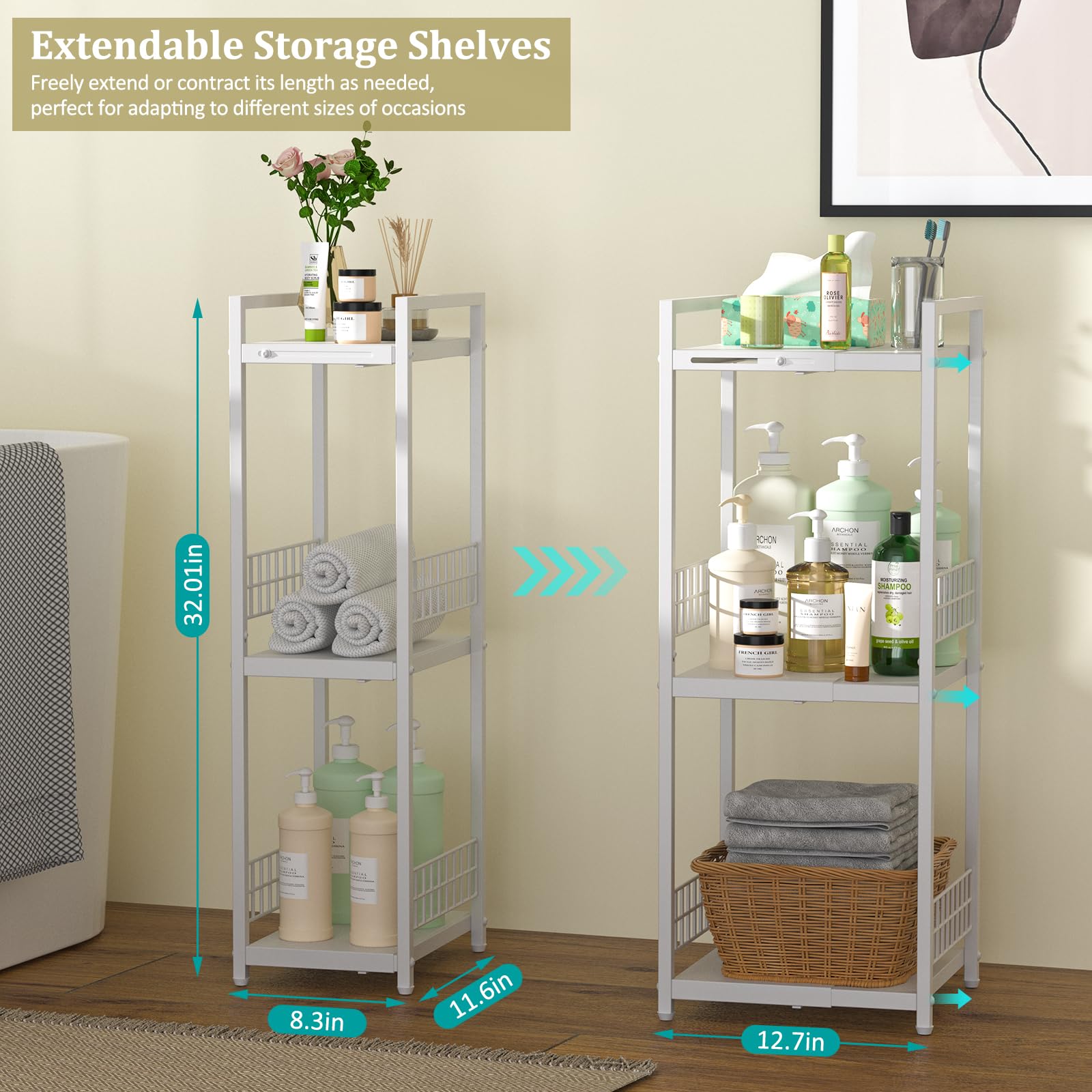 DAOUTIME free-standing narrow shelf helps maximize vertical storage without floor clutter.