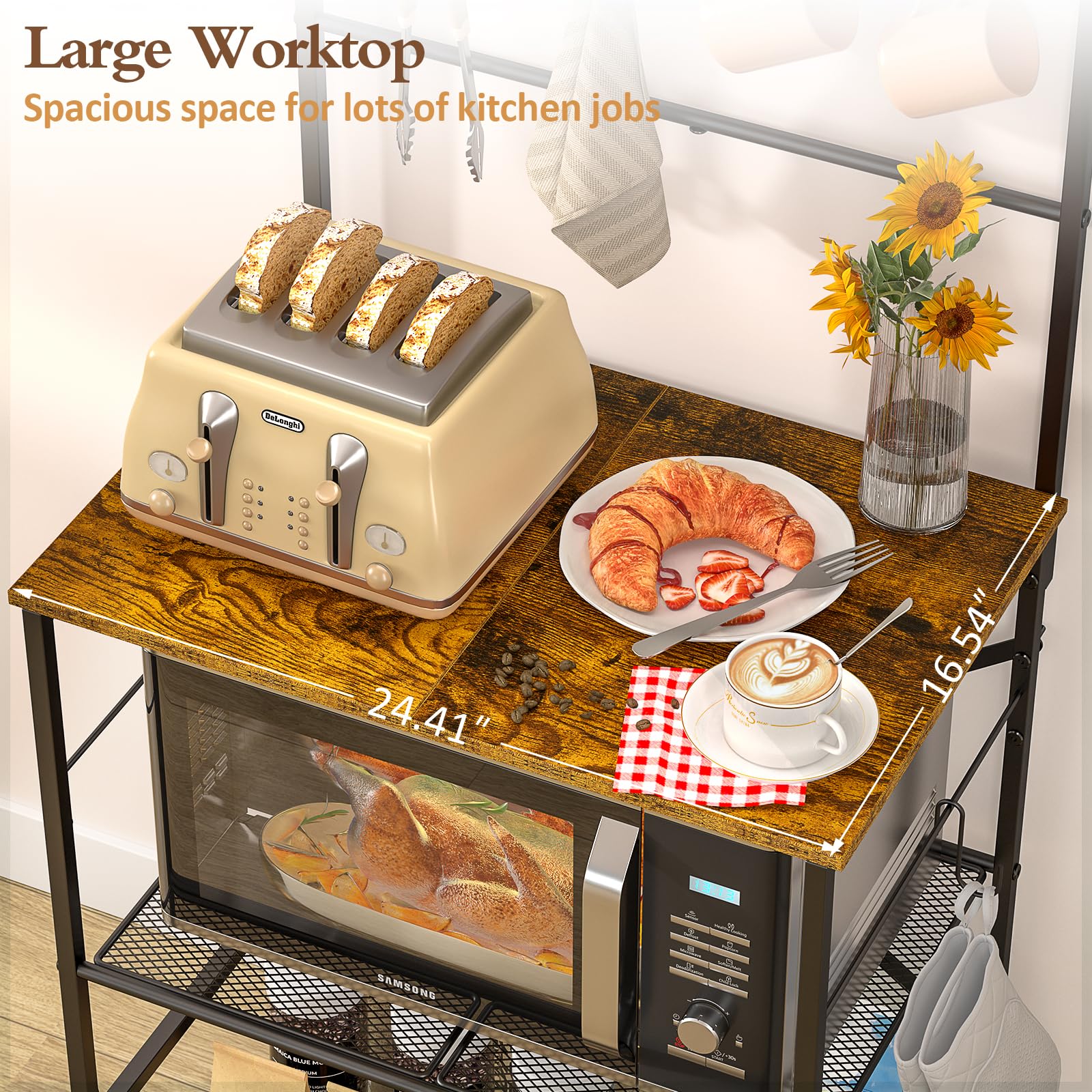 DAOUTIME baker rack doubles as microwave stand for clutter-free counters.