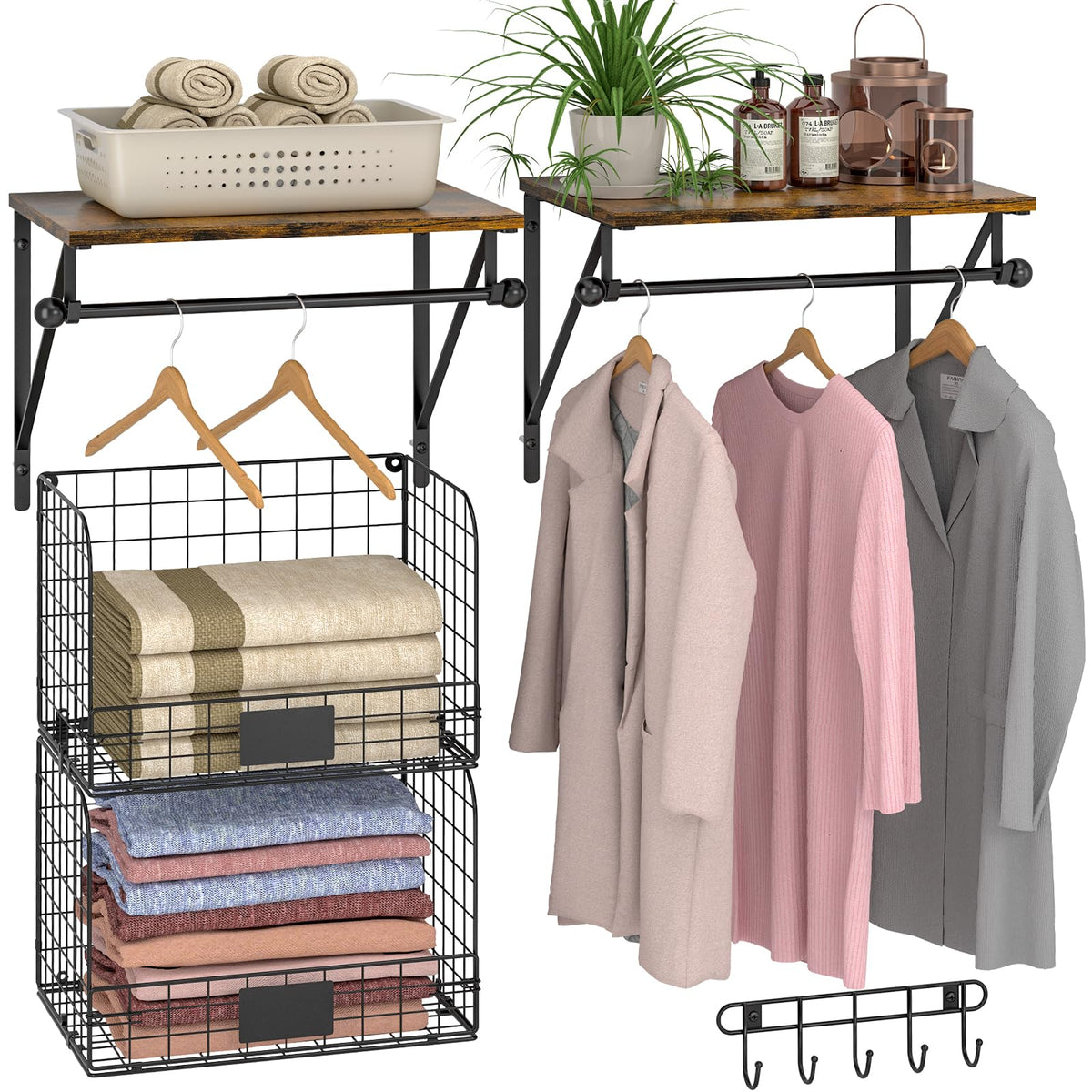 DAOUTIME wall-mounted laundry shelves with drying rods for efficient storage