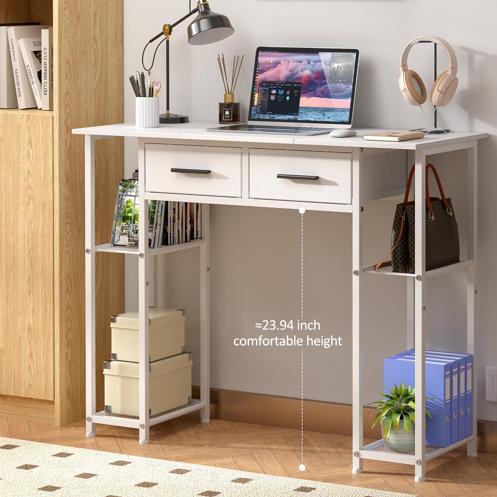 DAOUTIME white writing desk 37-3-inch length ideal for compact spaces.