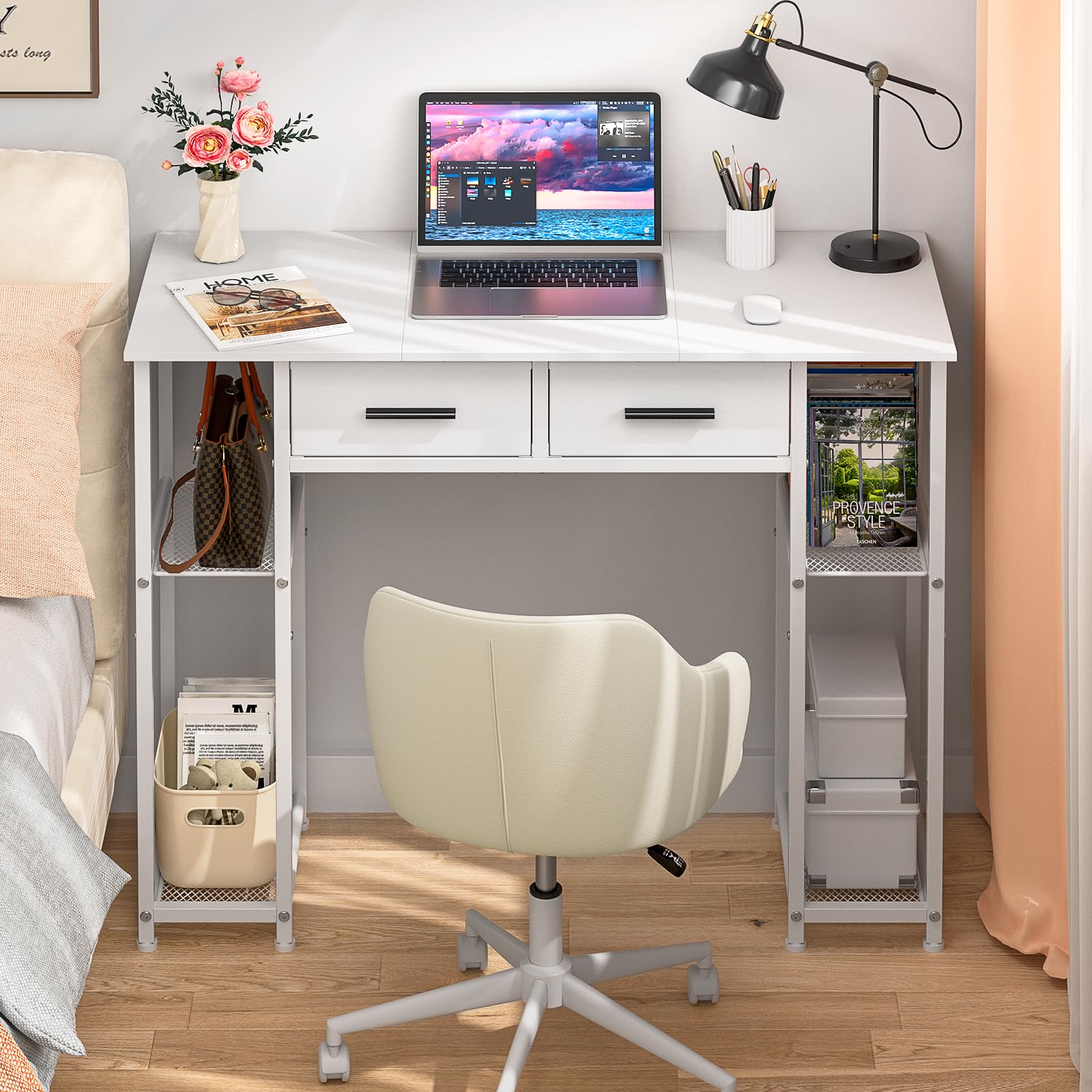 DAOUTIME white desk with drawers offering tidy storage for home office.